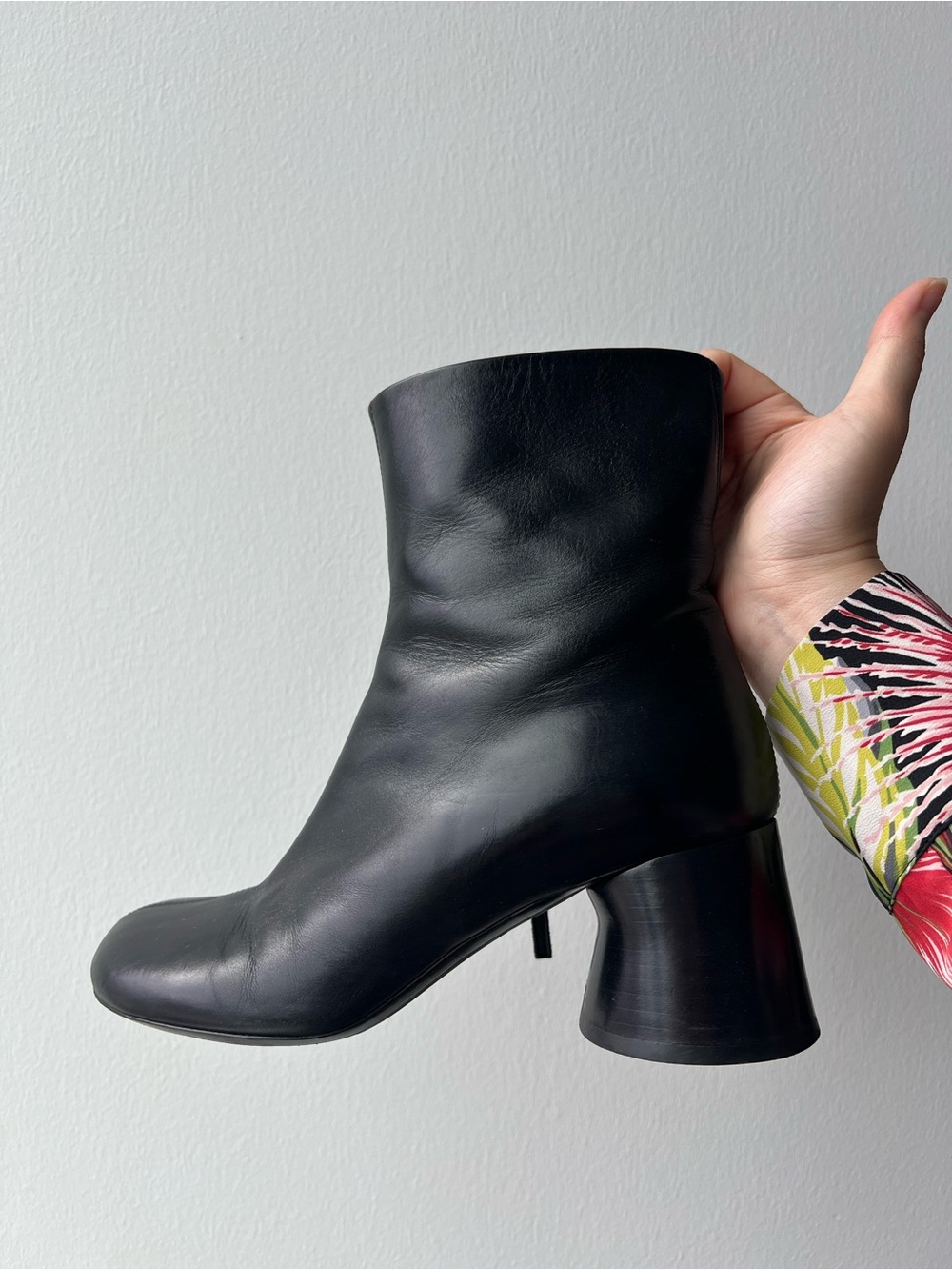 KHAITE Black Leather Sculpted Heel Ankle Boots